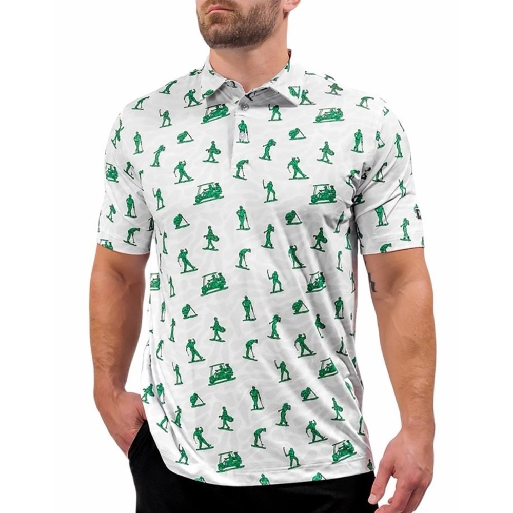 Waggle Golf Polo Shirt Toy Golfers Mens Sz Large White Green All Over Print